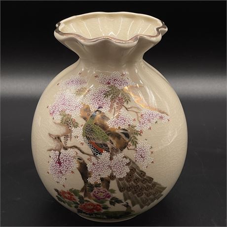 Vintage Shaddy Mino China Peacock on Tree Ruffled Vase