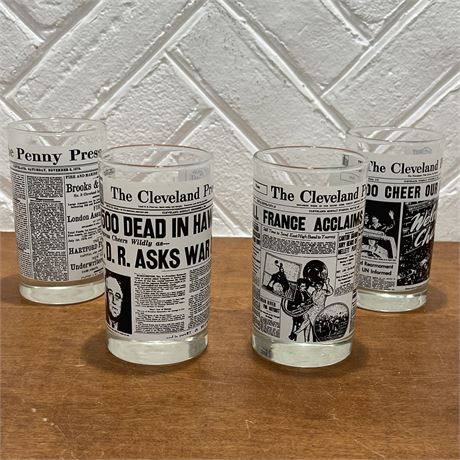 Set of 4 The Cleveland & Penny Press Glasses - 1878, 1927, 1941, & 1948