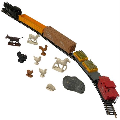 Vtg Misc Train Cars on Tracks w/ Miniature Animal & Rock Figurines