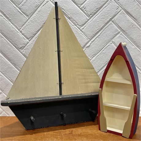 Wooden Boat Wall Peg Rack and Trinket Shelf