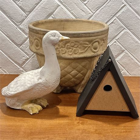 Concrete Planter with Hanging Birdhouse and Duck Garden Statue