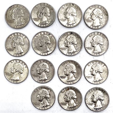(15) 1963-1964 "Mainly D" Silver Quarter Coins