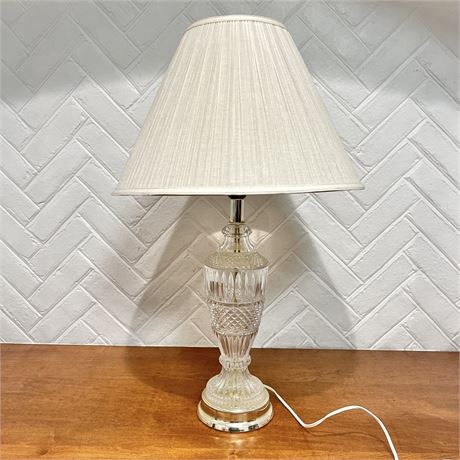 Vtg Cut Crystal/Glass 3-Way Table Lamp w/ Pleated Fabric Shade