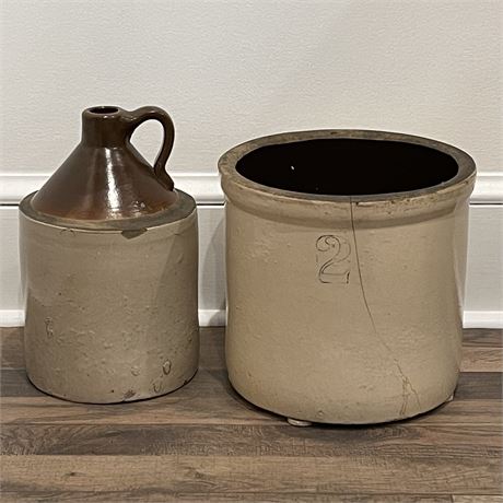 Antique 2 Gallon Crock and Old Two Tone Whiskey Jug
