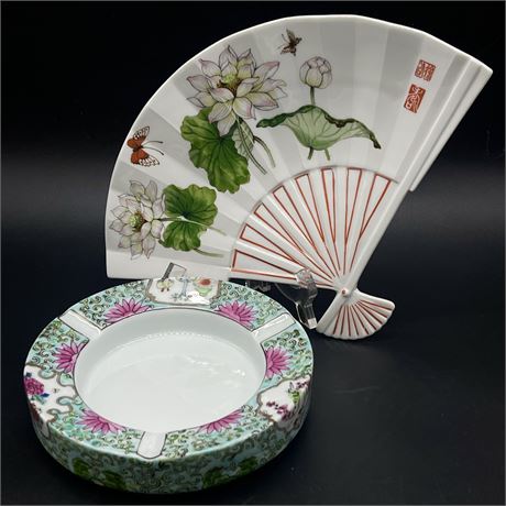 The Tuscany Collection "Lotus" Oriental Fan Plate w/ Imari Hand-Painted Ashtray