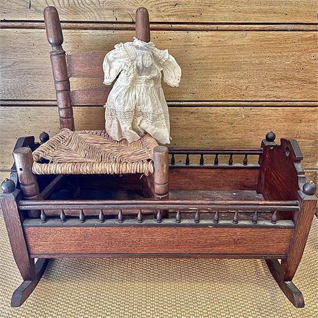 Antique Wooden Rocking Cradle, Wicker Seated Chair & Doll Dress