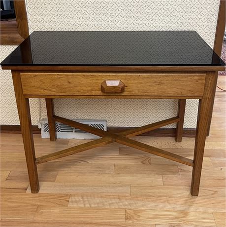 Vtg Glass Top Solid Wood Single Drawer Table