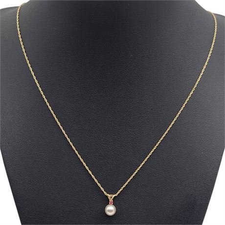 14K Yellow Gold Pearl & Ruby Pendant on 14K Yellow Gold Chain