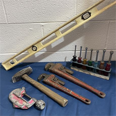 Levele, Nut Drivers, Pipe Wrenches, C Clamp, & Mallet