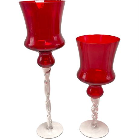 Pair of Ruby Red Glass Candle Holders with Twisted Stems