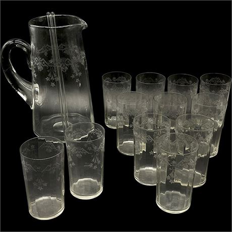 Antique Etched Crystal Pitcher & (12) Ribbed Tumblers Set w/ Glass Stirs