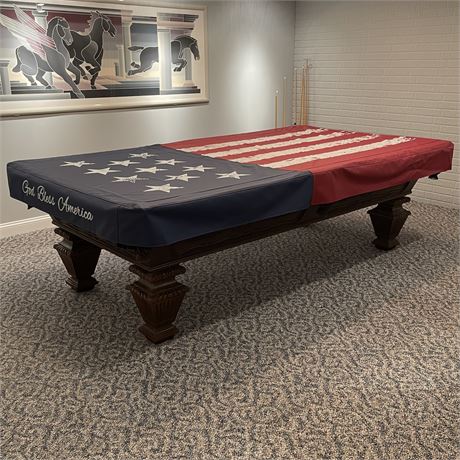 Slate Pool Table w/ Patriotic Cover, Table Tennis Top, & Accessories in Rack