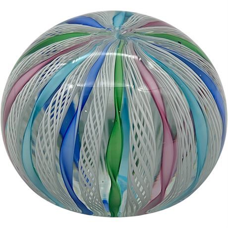 Vtg Murano Vetreria La Fenice Italian Art Glass Latticino Ribbons Paperweight