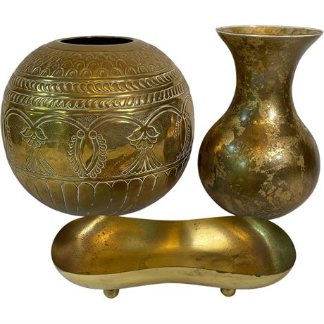 Solid Brass Engraved Planter and Trinket Dish w/ Gold Toned Vase