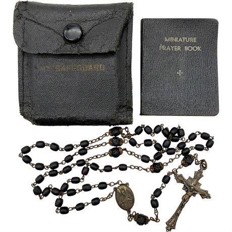 1939 Ebony Rosary Set w/ Leather Safeguard Case & Miniature Prayer Book