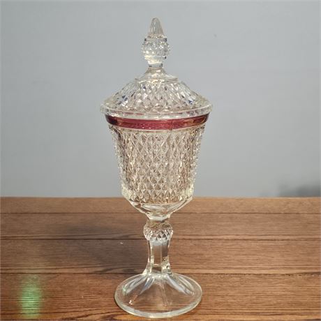 16" Tall Indiana Glass Co. Diamond Point Lidded Ruby Band Chalice