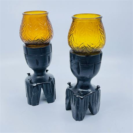 Decorative Carved Wood Candle Holder Pair