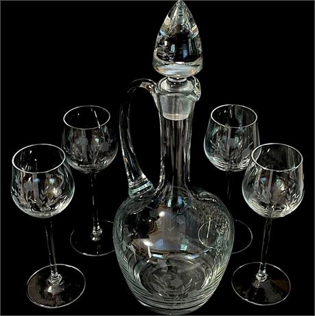 Toscany Etched Crystal Decanter & (4) Stemmed Wine Glasses