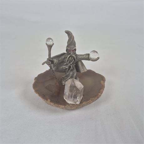 Vtg Spoontiques Pewter Wizard Figurine -Crystal Fireball & Staff