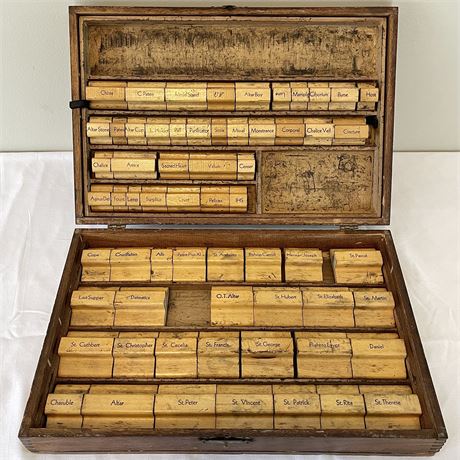 Vtg Catholic Wooden Rubber Stamp Kit in Wood Box