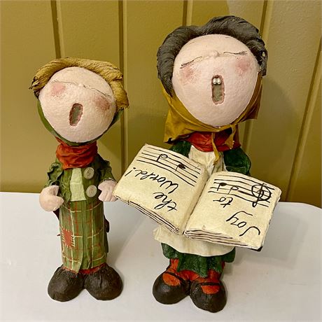 Set of 2 Vtg Paper Mache Christmas Carolers