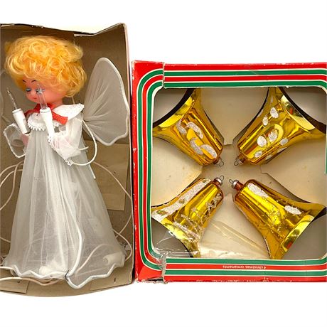 Vintage Lighted Angel Tree Topper & (4) Bell-Shaped Ornaments