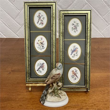 Lefton China "Fly Catcher" Bird Figurine w/ Framed "Feathered Friends" Prints