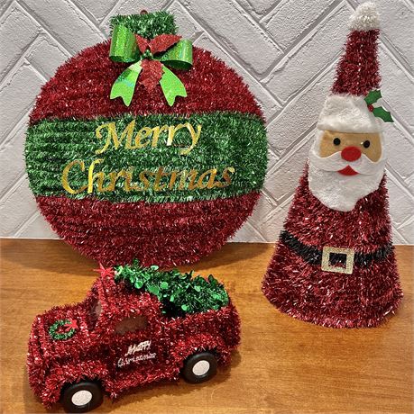 Tinsel Christmas Pickup Truck w/ Tree, Cone Santa & Large Wall Hanging Ornament