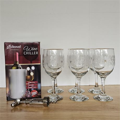 *NIB* Wine Chiller w/Cork Screw & 6 Christmas Wine Glasses