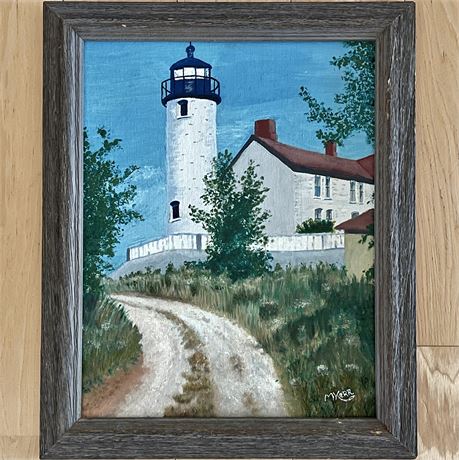 Original Signed M Kerr Painting on Canvas Board of the West Chop Lighthouse