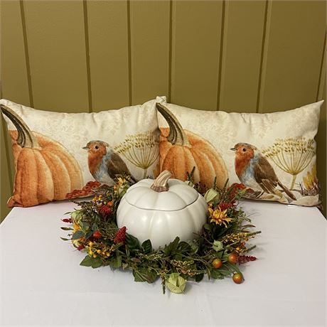 Fall Decor - Ceramic Lidded Pumpkin with Throw Pillows and Centerpiece Ring