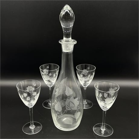 Floral Etched Crystal Decanter w/ Stopper & 4 Wine Stemmed Glasses - Tuscany?