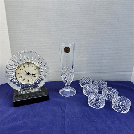 Beautiful Crystal Bud Vase, Napkin Ring Holders & Clock