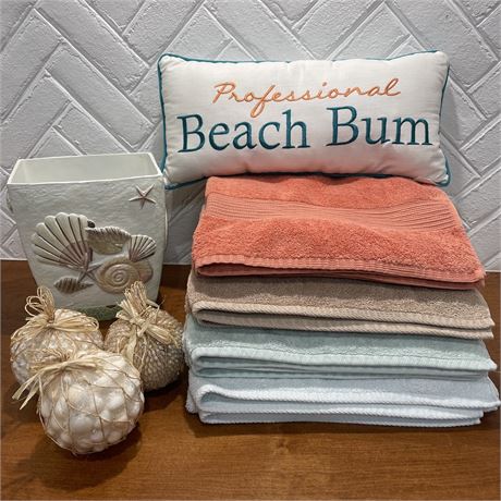 Beach Themed Waste Basket, Decorative Pillow, Towels & More