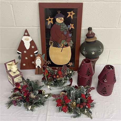 Bundle of Coordinated Christmas Decor with Large Ornament, Wood Santas and More