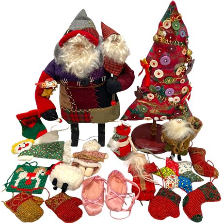 Vtg Handmade Fabric Tree and Santa Statue w/ Fabric Ornaments
