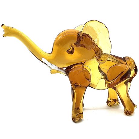Vintage Hand-Blown Amber Glass Elephant with Milky White Tusks