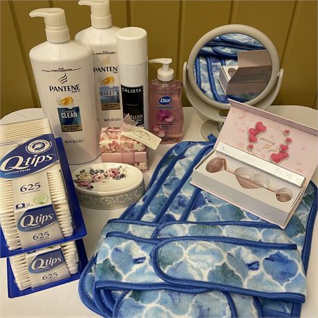 New/Like New Beauty Lot- Makeup Removing Linens, Rose Quartz Face Roller & More