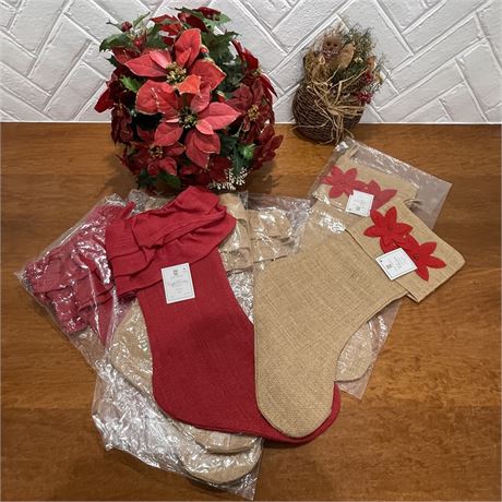 Set of 6 NEW Burlap Stockings with Artificial Poinsettias and Wall Basket
