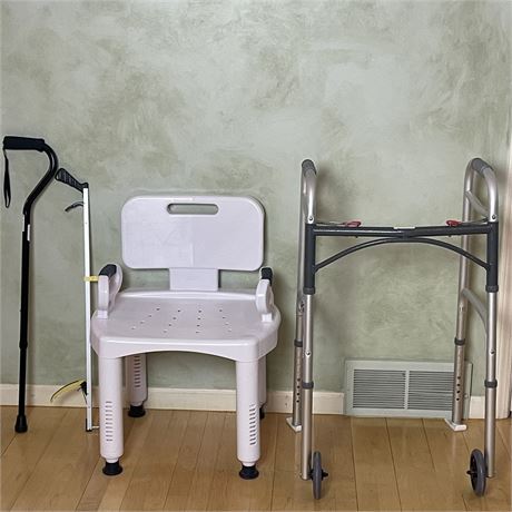 Drive Shower Chair with 2-Wheel Folding Walker, Cane, and Grabber