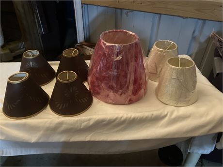 7 mini lampshades (set of 4 brown/gold pattern, one pink, set of two beige)