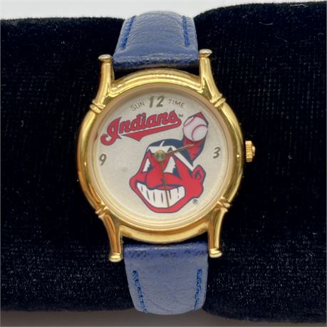 Ladies Chief Wahoo Indians Sun Time Water Resistant Wristwatch w/ Leather Band
