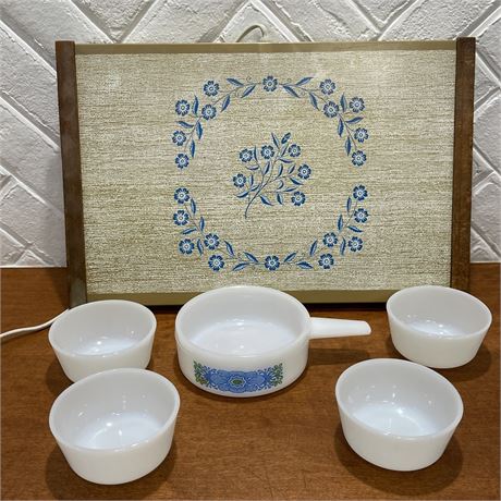 Warm-O-Tray Blue Cornflower Electric Warming Tray w/ Fire King Dishes