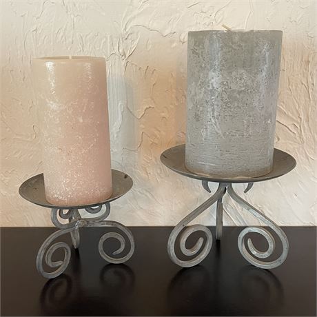 Pair of Metal Base Candle Holders with Candles
