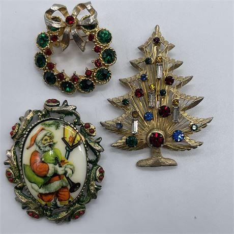 Vtg Rhinestone Accented Christmas Brooches by Brooks, Weiss & Unbranded
