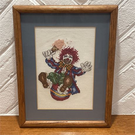Wall Hanging Framed Cross Stitched Clown Behind Glass