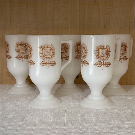 Set of 5 Retro Federal Milk Glass Sunflower Pedestal Mugs