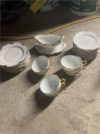 White dish set with gold trim - 8 appetizer plates 10 saucers 7 cups 1 serving d