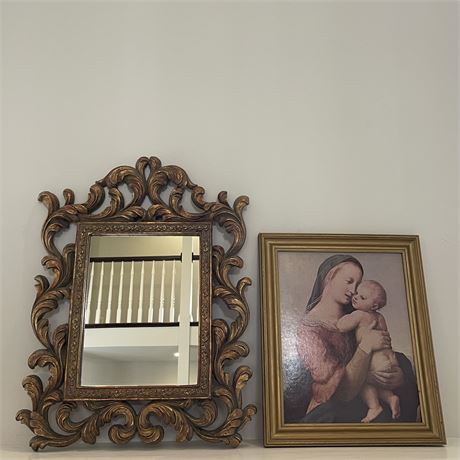 Gold Gilt Wall Mirror w/ Madonna and Child Raphael Framed Print