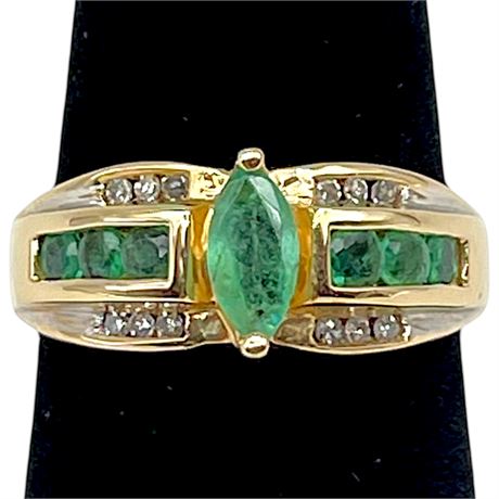 14K Gold .25ct Emerald w/ .30tcw Emeralds & .10tcw Diamonds Ring